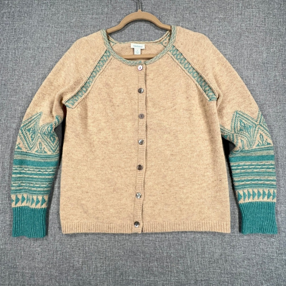 Sundance Lambswool Cardigan Sweater Womens S Beige Teal Fair‎ Isle Cottagecore